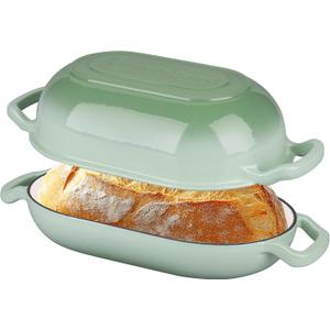 Enameled Cast Iron Sourdough Bread Oven, Dutch Oven, Loaf Cast Iron Bread Pan for Homemade Bread Baking, Meatloaf Pan with Lid, 5QT, Green
