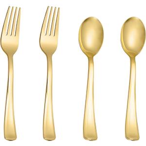 N9R 100PCS Gold Plastic Silverware, Heavy Duty Disposable Cutlery Set for Parties, Disposable Plastic Spoons and Forks Includes 50 Gold Spoons and 50 Forks for Wedding, Birthday, Dinner