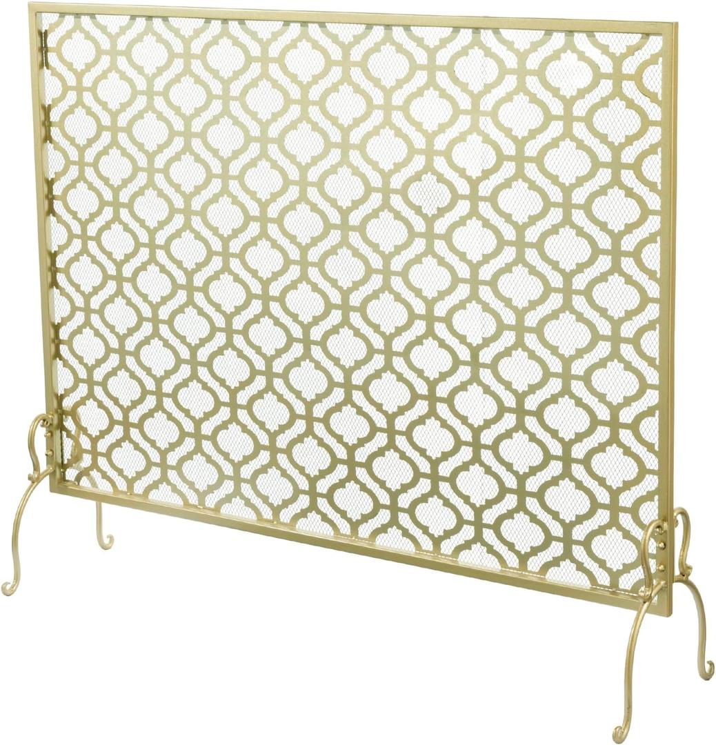 MyGift 41 x 35 Inch Brass Tone Metal Fireplace Screen with Vintage Moroccan Arabesque Pattern, Freestanding Decorative Mesh Fire Spark Guard Protector Cover