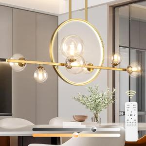 Gold Kitchen Island Light for Dining Room,37.4" Minimalist Dimmable LED Linear Pendant Lights with Globe Glass Shade,Ceiling Light Fixture Hanging for Dining Room, Office, Kitchen