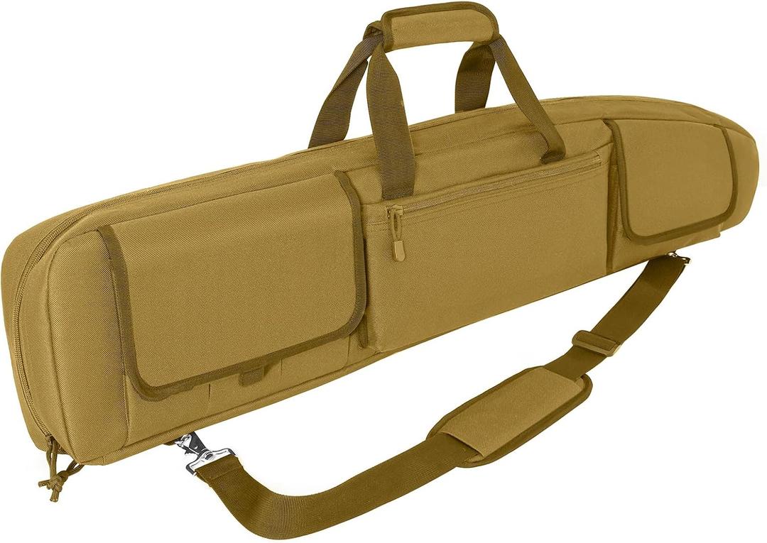 DULCE DOM Double Rifle Case, 38 42 44 inch Soft Gun Tactical Bag for Shooting Range, Movable Divider for 1 or 2 Gears, Multiple Magazine Pouches & Accessory Bags (Khaki, 38'')