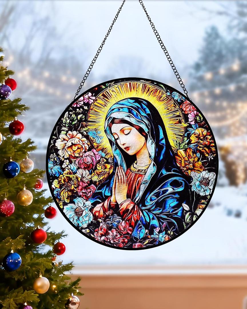 Virgin Mary & Flowers Stained Glass Window Hanging, 8" Round Religious Suncatcher for Indoor Window, Spiritual Birthday Gifts for Catholic Mother