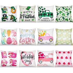 VitalCozy 12 Pcs Easter Pillow Covers 18 x 18 Inch Decorative Throw Valentines Day St. Patrick's Day Cushion Case Set Holiday Love Heart Clovers Bunny Eggs Pillow Case for Home Decoration