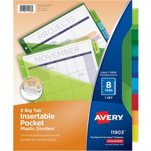 Avery Insertable Plastic Dividers for 3 Ring Binders, 8 Tabs per Set, Big Tabs, One Pocket, Multicolor Binder Dividers, Works with Sheet Protectors (11903)