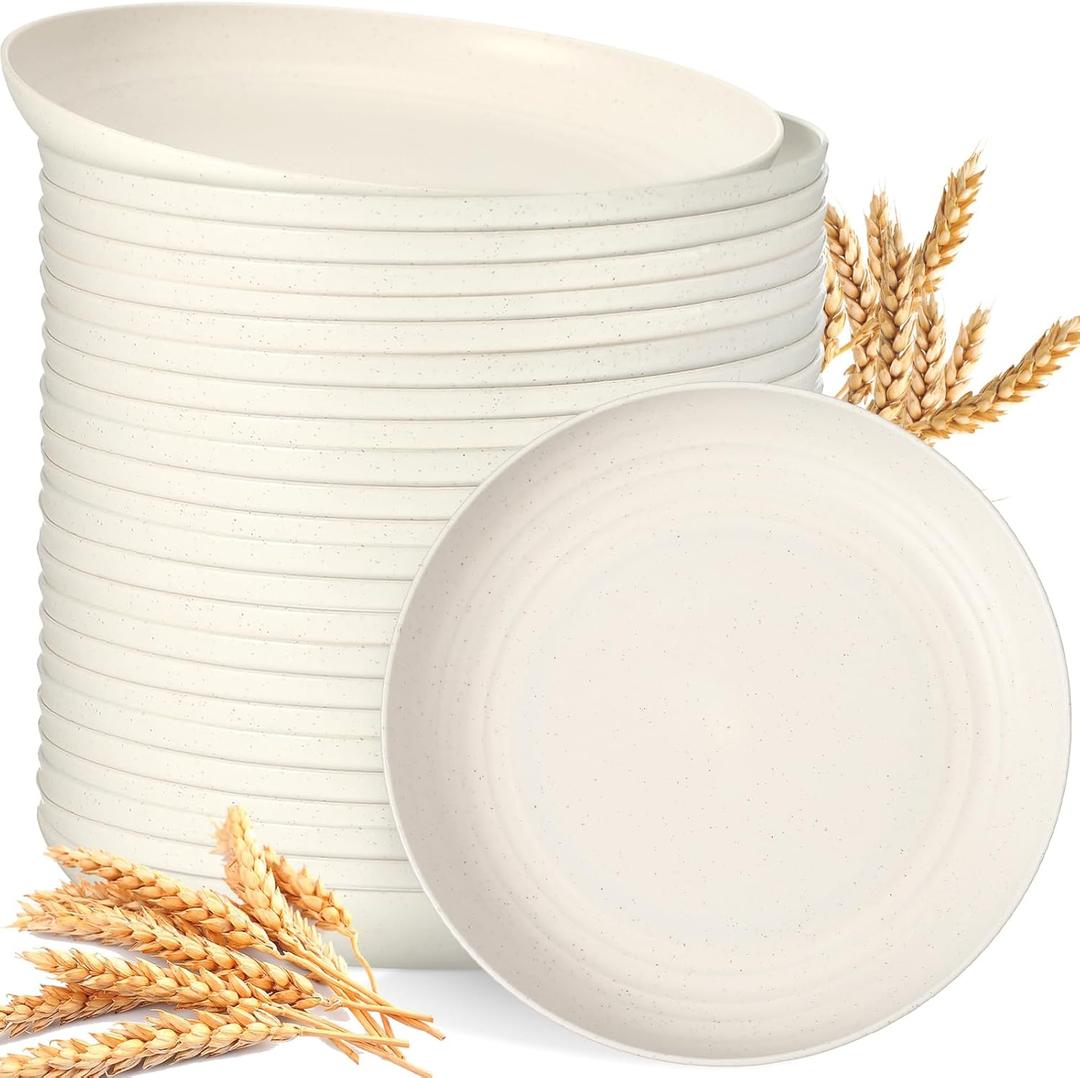 Mifoci 24 Pcs 10 Inch Wheat Straw Plates Set Lightweight Unbreakable Deep Dinner Plate Reusable Plastic Plates Microwave Dishwasher Safe for Kitchen Salad Dessert Fruit Cakes Lunch Dish(Beige)