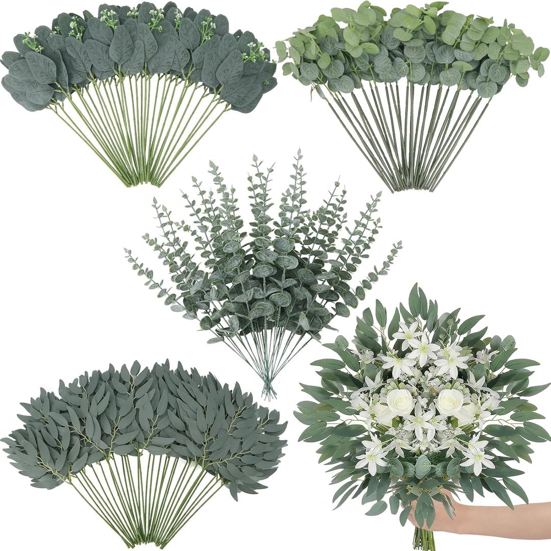 120 Pcs Artificial Eucalyptus Stems, 4 Kinds Mixed Faux Greenery Stems Fake Silver Dollar Eucalyptus Leaves Bundle for DIY Bouquets Centerpiece Spring Floral Arrangement Wreath Home Wedding Decor