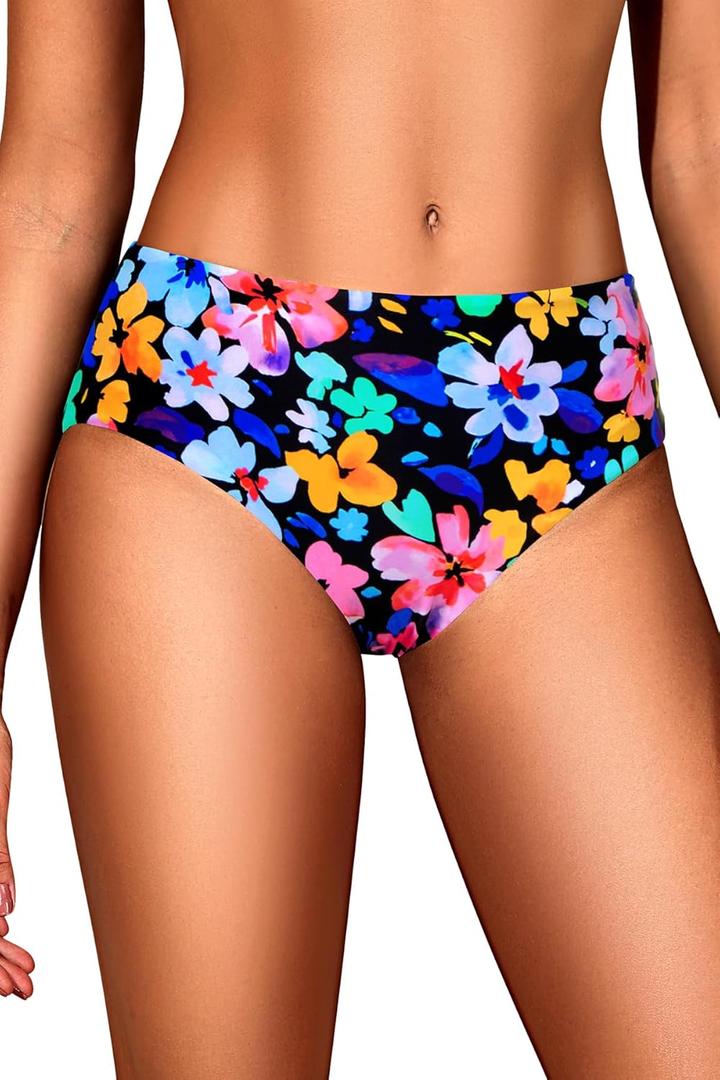 Tempt Me Women Mid Rise Bikini Bottoms - Full Coverage Bathing Suit Bottoms Mid Waist Swim Bottoms 2025 (Large, Colorful Flower)