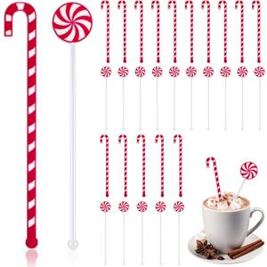 FYSUIMU 40Pcs Christmas Drink Stirrers Xmas Candy Cane Stir Sticks Red White Lollipop Reusable Holiday Coffee Hot Cocoa Swizzle Sticks Cocktail Mixer for Chocolate Bar Beverage Party Supplies