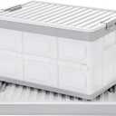 Collapsible Storage Bins with Lids 30L, Folding Plastic Stackable Utility Crates 2-Pack, Durable Containers for Home & Garage Organization - Oyster White