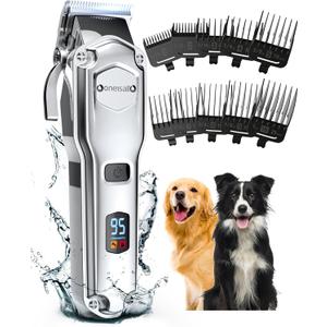 Oneisall Dog Clippers for Grooming for Thick Heavy Coats/Low Noise Rechargeable Cordless Pet Shaver with Stainless Steel Blade/Waterproof Dog Shaver for Dogs Pets and Animals (Silver)
