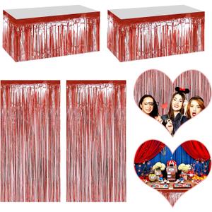 2 x 4P Metallic Foil Fringe Tinsel Table Skirts for Rectangle Tables Backdrop Banner Streamer Garland Curtains for Parade Floats Wedding Graduation Anniversary Birthday Parties Decoration (Rose Gold)