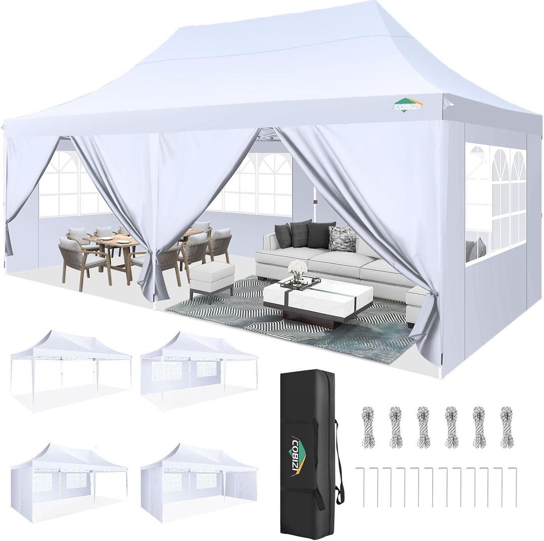 COBIZI 10x20 Pop Up Canopy with 6 Sidewall, Commercial Canopy UPF 50+ Waterproof Outdoor Gazebo with Carry Bag, Tents for Parties with Upgrade Frame, 3 Height Adjustable, White COBIZI 10x20 Pop Up Canopy with 6 Sidewall, Commercial Canopy UPF 50+ Waterproof Outdoor Gazebo with Carry Bag, Tents for Parties with Upgrade Frame, 3 Height Adjustable, White
