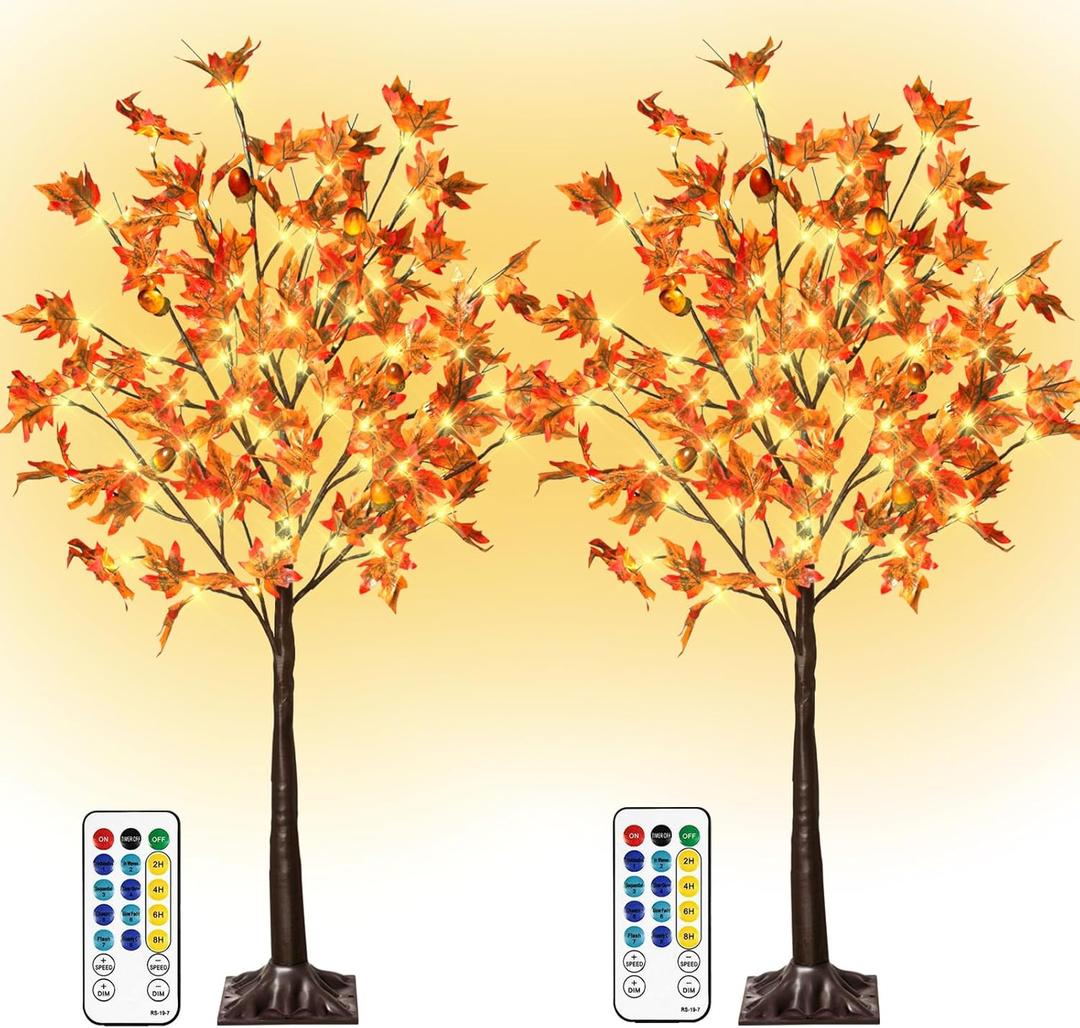 2 Pack 4Ft Lighted Maple Tree Thanksgiving Fall Decor, 60 LED Warm White Dimmable Timing Prelit Artificial Tree with 8 Flashing Modes for Indoor Outdoor Autumn Harvest Thanksgiving Halloween Decor
