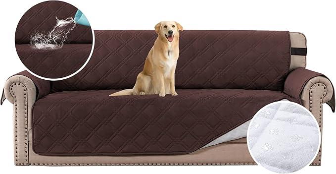 Sofa Cover, 100% Waterproof Slipcover Furniture Protector, Washable Couch Cover with Non-Skid Backing and Elastic Straps for Kids, Dogs, Pets, Brown, Sofa L