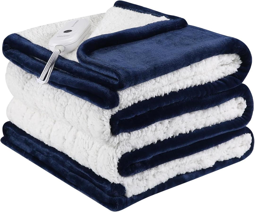 ESTINGO Heated Blanket Twin Size, Fast Heating Blanket with 5 Heating Levels & 10 Hours Auto Off, Soft Cozy Sherpa Electric Throw Blanket for Home Bedding, Machine Washable, 62"x84", Navy Blue