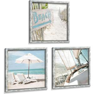 Beach Framed Wooden Wall Art: Ocean Pictures Coastal Art Prints Seaside Artwork Collection Set of 3 Seascape Decorations for Bedroom (12" x 12", White Beach Chair Boat)