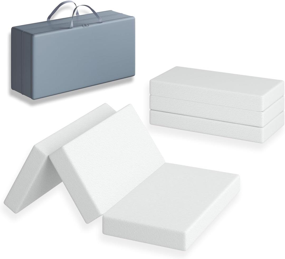 3 inch Trifold 38" Lx26 W Mini Mattress, Storage Bag Included, Water-Resistant and Removable Cover, Machine Washable, High Density Firm Support Foam, Easy-to-go for Outdoors & Travel