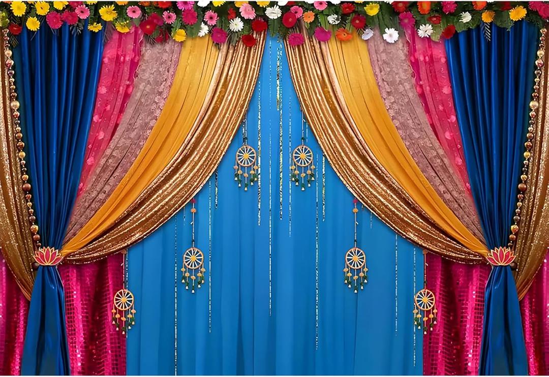 8x6ft Indian Traditional Backdrop Boho India Curtains Marigold Pooja Traditional Festival Diwali Photo Background Hindu Wedding Marriage Bridal Shower Holi Decor Banners Photo Booth Props