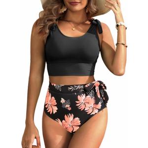 Two Piece High Waisted Swimsuits - Women Tummy Control Bikini Modest Bathing Suit 2PC 2025 (Large, Pink Floral)