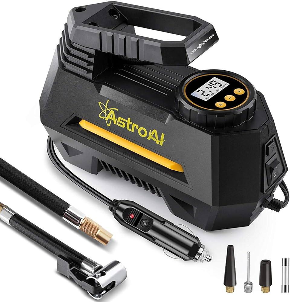 AstroaI Portable air Compressor Pump, Tire Inflator with Gauge 12V DC Digital Car air Pump 100PSI with LED Light, Larger air Flow, Extra Nozzle adaptors for Car, Bicycle, Motorcycle Ball air Mattress