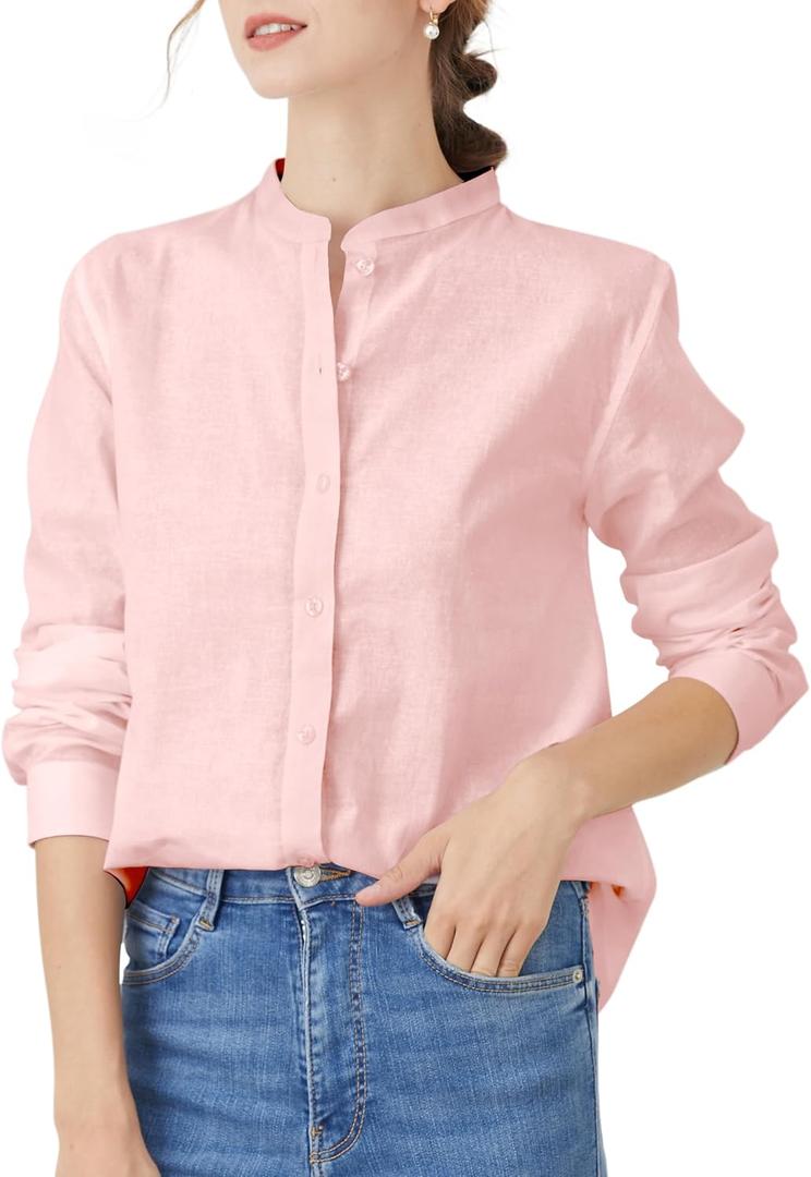 Women's Mandarin Collar Button-Down Shirts Casual Cotton Long Sleeve Blouses, S