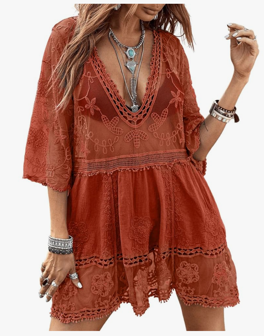 Eomenie Women's Contrast Lace Bathing Suit Cover Up V-Neck Swimsuit Coverups Loose Swimwear Beach Dress Beachwear One Size