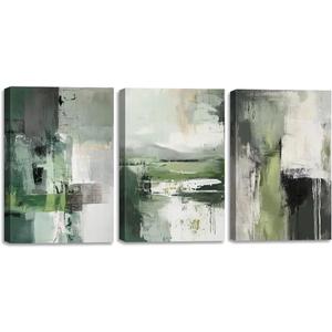 3 Piece Abstract Wall Art for Living Room Green Picture Grey Green Paintings Modern Framed Bedroom Home Decor(Abstract-3,12x16inchx3 Pieces (30x40cmx3 Pieces))