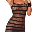 Women's Fishnet Mini Dress Sexy Sheer Mesh Lingerie Transparent Striped Babydoll Nightgown Sleeveless Stretch Underwear Skirt Bodysuit - Black