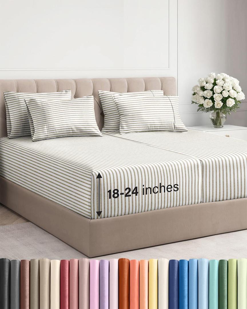 Extra Deep Split King Sheet Set - 7 Piece Breathable and Cooling Sheets - Hotel Luxury Bedding for Women, Men, Kids & Teens - Secure Fit - Soft and Wrinkle Free - Extra Deep Pockets - Beige Stripes