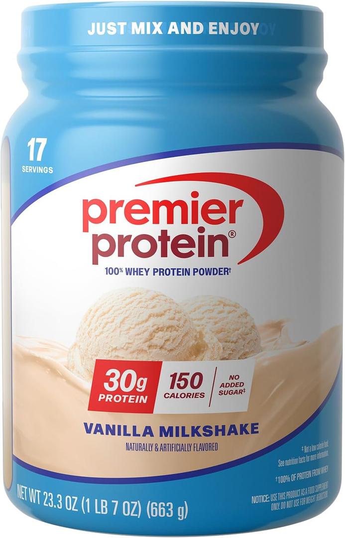 Premier Protein Powder, Vanilla Milkshake, 30g Protein, 1g Sugar, 100% Whey Protein, Keto Friendly, No Soy, Gluten Free, 23.3 oz (17 Servings) (EXP 07/02/26)