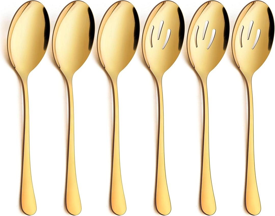 LIANYU 6-Piece Gold Serving Spoons, Stainless Steel Gold Slotted Spoons, Serving Utensils for Party Buffet Restaurant Banquet Dinner Catering, 8 3/4 Inch, Dishwasher Safe (Medium)