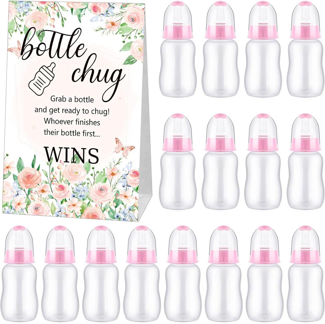 TrelaCo Bottle Chug Baby Shower Game 20 Pcs Baby Bottles Shower Favor with 1 Flowers Theme Sign for Gender Reveal Party Supplies Gifts(Pink)