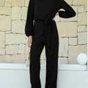 Happy Sailed Womens Loose Short Sleeve Belted Wide Leg Pant Romper Jumpsuit Business Casual One Piece Outfits (Black, XL)