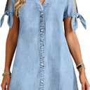 Denim Dress for Women 2026 Summer Casual Cowgirl Blue Jean Dress Tied Sleeves Button Down Shirt Dresses with Pockets (M)