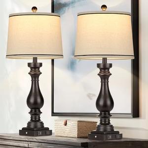 Cinkeda 29" Tall Table Lamp for Living Room Set of 2,Farmhouse Vintage Bedside Nightstand Lamps with USB C+A Ports & AC Outlet,3-Way Dimmable Touch Control Retro Black Lamp for Bedroom,Color 5