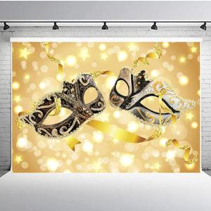 PHMOJEN 10x7ft Gold Masks Backdrop Masquerade Mardi Gras Party Banner Photography Background Vinyl Photo Studio Props LYPH976