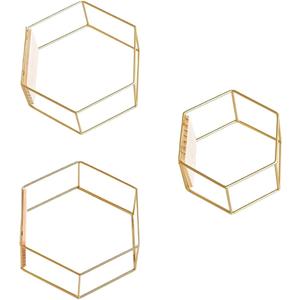 Hexagon Floating Shelves 3-Pack (6.7-11in) | Decorative Wall Mounted Hexagon Shelf, Multi-Use Geometric Metal Shelving for Living Room, Bedroom, Kitchen, Office