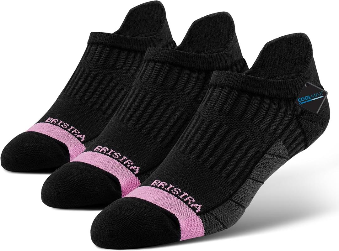 BRISIRA Coolmax Bamboo Viscose Women Compression Running Ankle Socks No Show Athletic Wicking Thick Cushioned Arch Support (5-7, 3 Pairs Black)