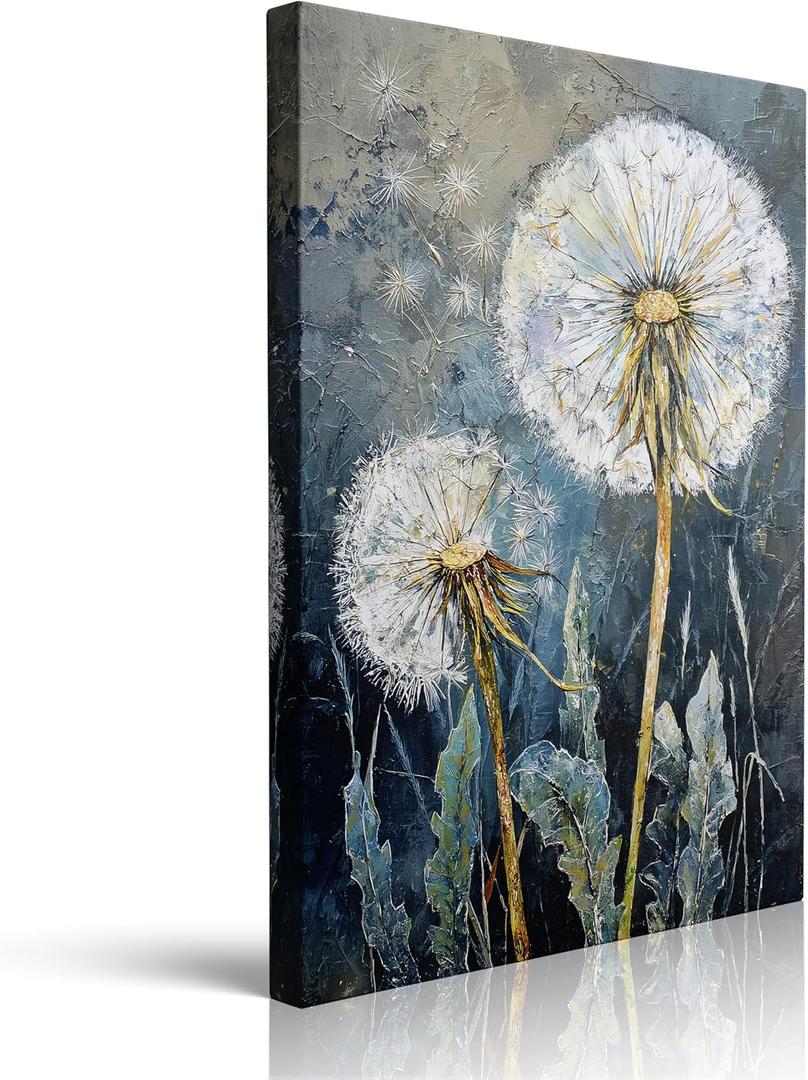Dandelion Wall Art Canvas Framed Print Painting Wildflower Botanical Floral Wall Decor Artwork Poster Farmhouse Rustic Decor Serene Textured Blue Gray for Living Room Bedroom Office 12x16 Inches