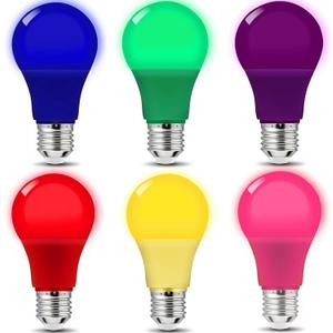 LED Colored Light Bulbs 9Watts (60W Equivalent), Non-Dimmable E26 Base for Wedding Halloween Christmas Party Bar Decor, 6-Pack