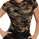 Women's Camo Print Round Neck T Shirts Casual Short Sleeve Slim Tee Shirts (Large, Army Green)