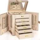 AKOZLIN 6-Tier Jewelry Box Organizer Functional Leather Jewelry Storage Case for Women Girls Ring Necklace Earring Bracelet Holder Organizer with Mirror (Regular, Champagne)