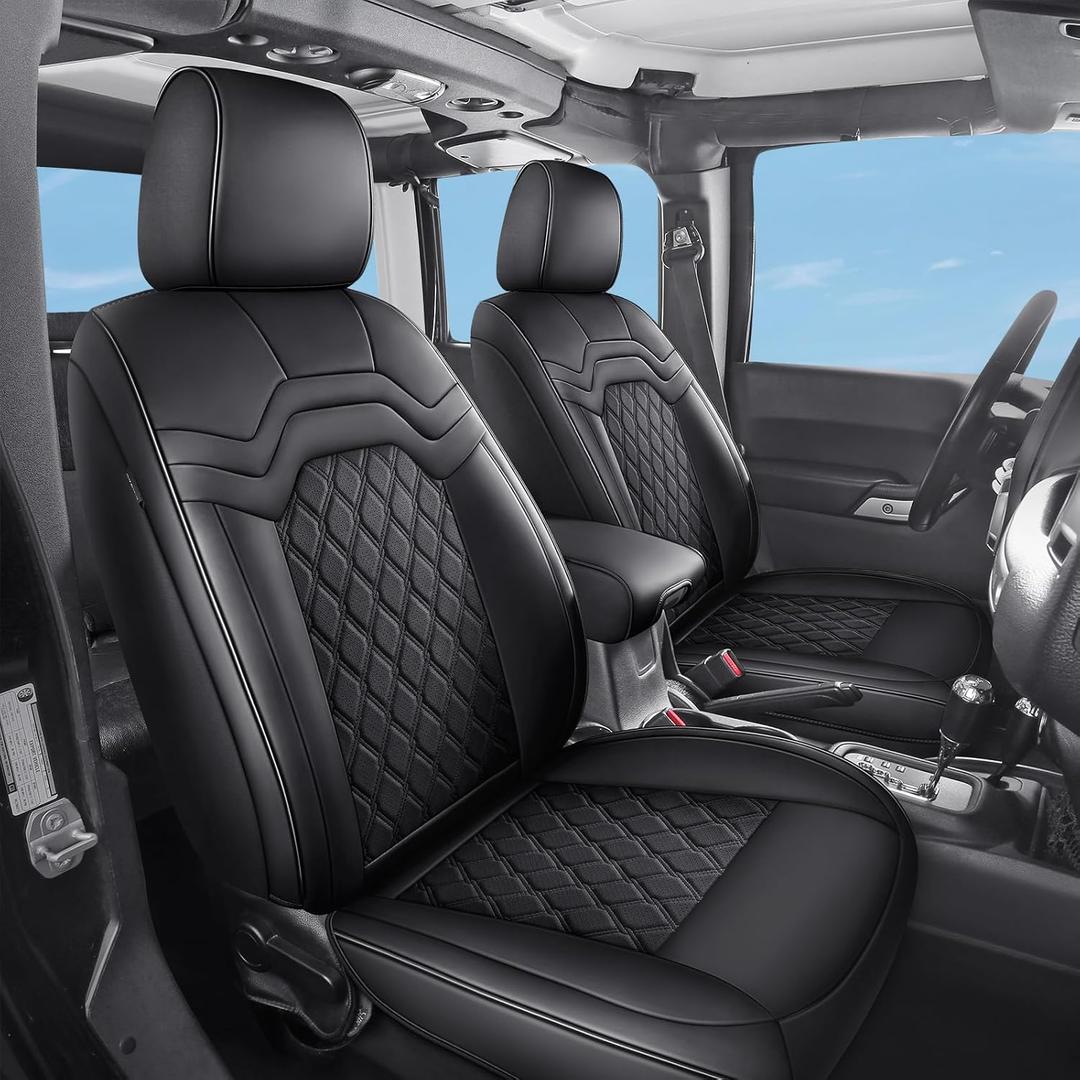 Huidasource 2007-2017 Wrangler JK 4 Door Seat Covers Full Set, Custom Fit Wrangler Unlimited Rubicon Sahara Sport Leather High Altitude Willys Seat Cover for Jeep JK (Full Set/Black)