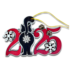 Black Cat 2025 Christmas Ornament – Funny Kitten Butt Wooden Tree Decoration with Snowflakes & Paw Prints for Cat Lovers, Pet Owner Christmas Décor