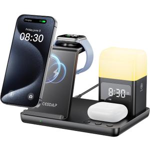 6 in 1 Wireless Charging Station for Apple Charging Station for Multiple Devices with Alarm Clock and Night Light nightstand for iPhone 16 15 14 13 for Apple Watch Best Gift for Your Loved Ones (black)