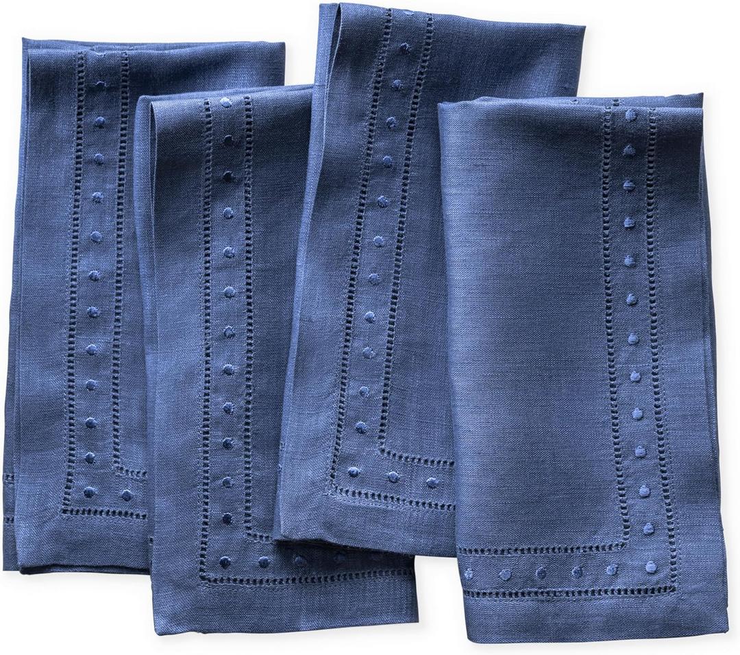 Linen Napkins Set of 4-100% Pure Linen Navy Blue Dinner Napkins with Embroidered Dot 18 x 18 inch - Hemstitch Cloth Napkins Washable for Winter and Spring Decor