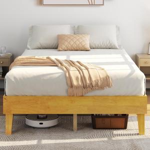 Yaheetech Full Bed Frame Natural Solid Wood Platform Bed with Wooden Slats Support, 12-inch Underbed Space for Storage, Noise-Free Design, Easy Assembly, Natural Wood Finish