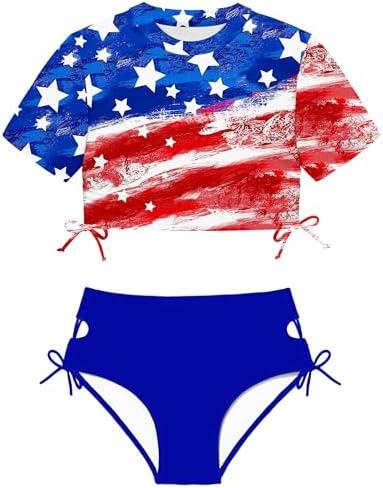 CRISONE Girls Swimsuits Short Sleeve Bathing Suit Solid 2 Piece Drawstring Swimwear, 7-8 Y