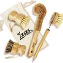 LESES Dish Brush Natural Bamboo Dish Scrub Brush Set with Handle 100% Plastic Free Eco Friendly Cleaning Brushes for Kitchen Cleaning Dish, Bottle, Pots, Pans