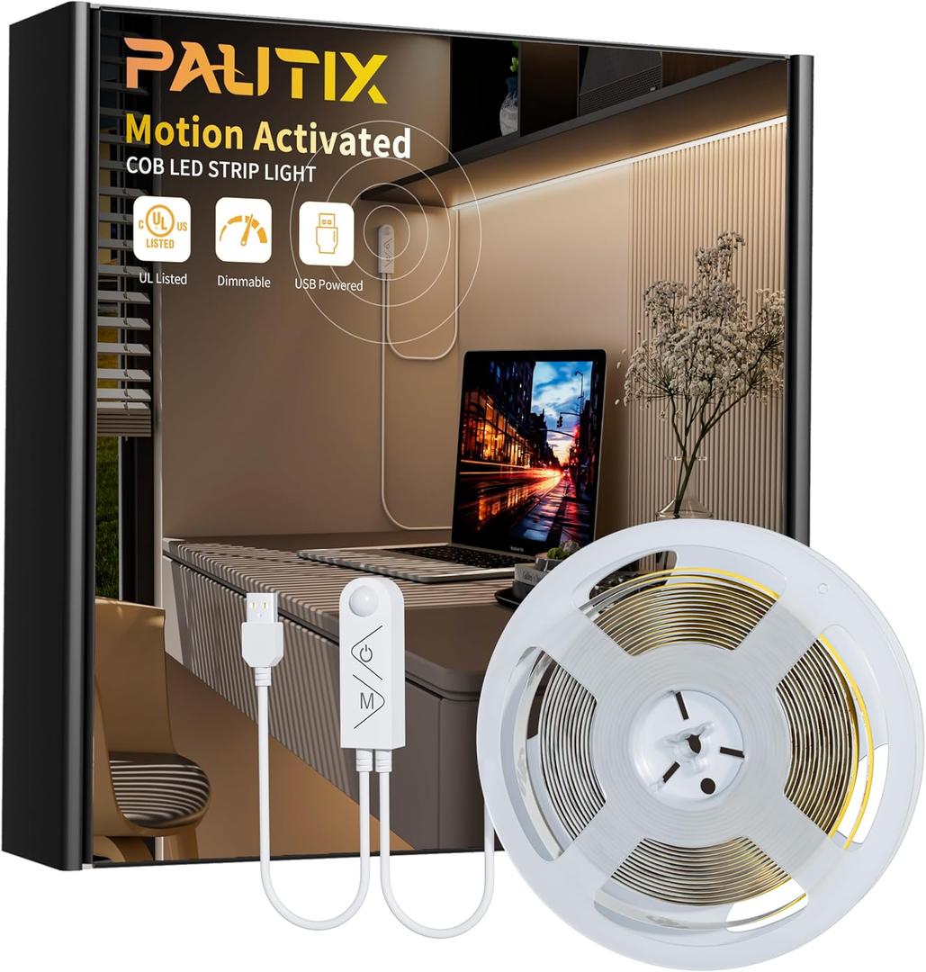 PAUTIX COB LED Strip with Motion Sensor,5V USB LED Tape Light 4000K Natural White,CRI90+ Super Bright,Dimmable Motion Activated LED Strip Light for Bedroom,Cabinets,Kitchen,Stair,Closet